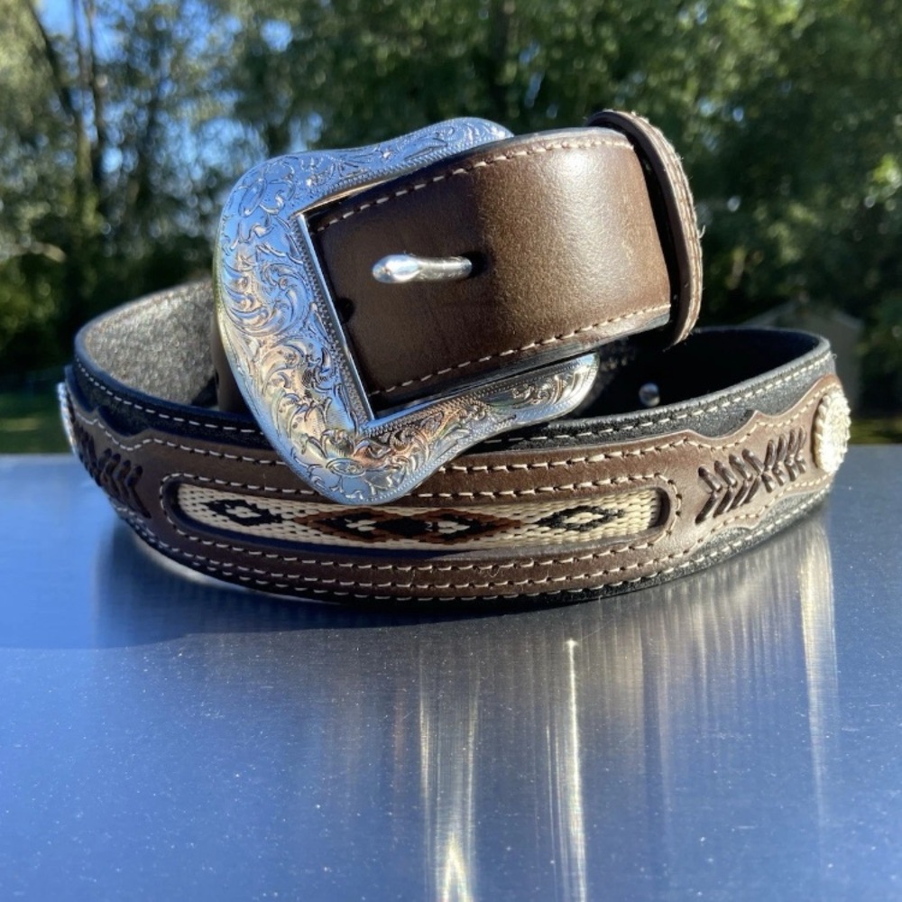 Nocona Belt Co.Brown Leather Western Belt with Silver Buckle - Picture 7 of 8